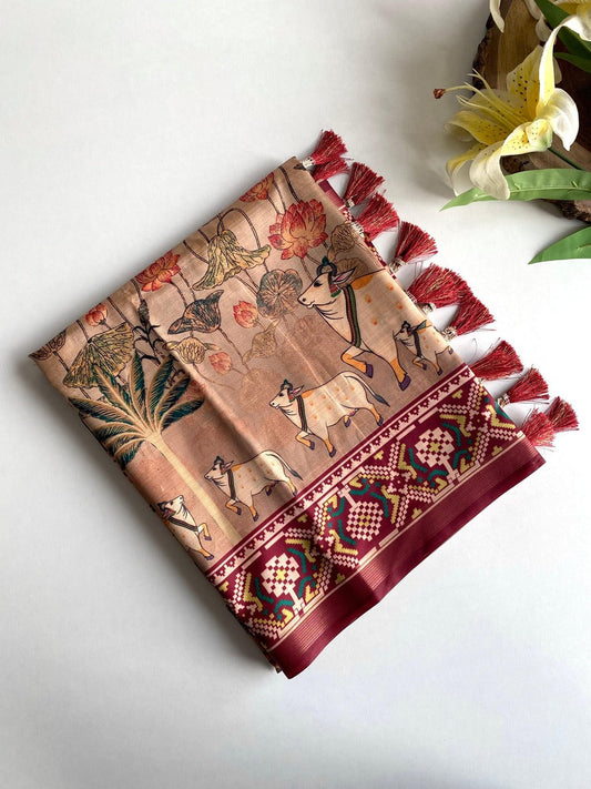 Susurrous Brown Kalamkari Printed Viscose Dola Silk Saree With Pleasurable Blouse Piece