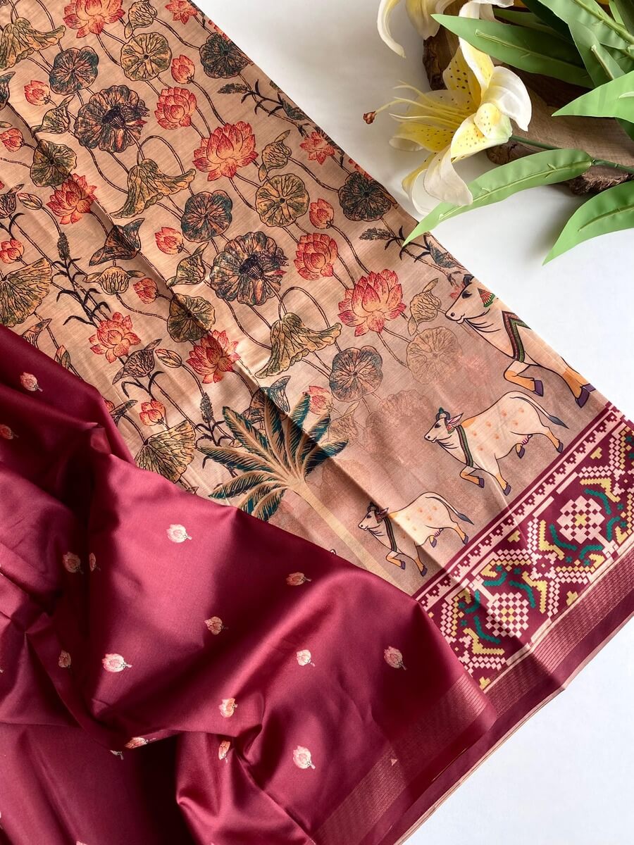 Susurrous Brown Kalamkari Printed Viscose Dola Silk Saree With Pleasurable Blouse Piece