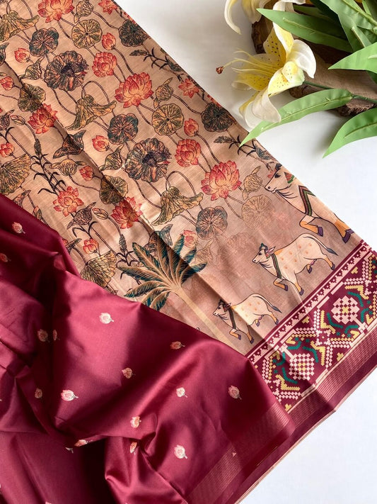 Susurrous Brown Kalamkari Printed Viscose Dola Silk Saree With Pleasurable Blouse Piece