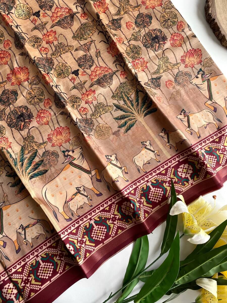 Susurrous Brown Kalamkari Printed Viscose Dola Silk Saree With Pleasurable Blouse Piece