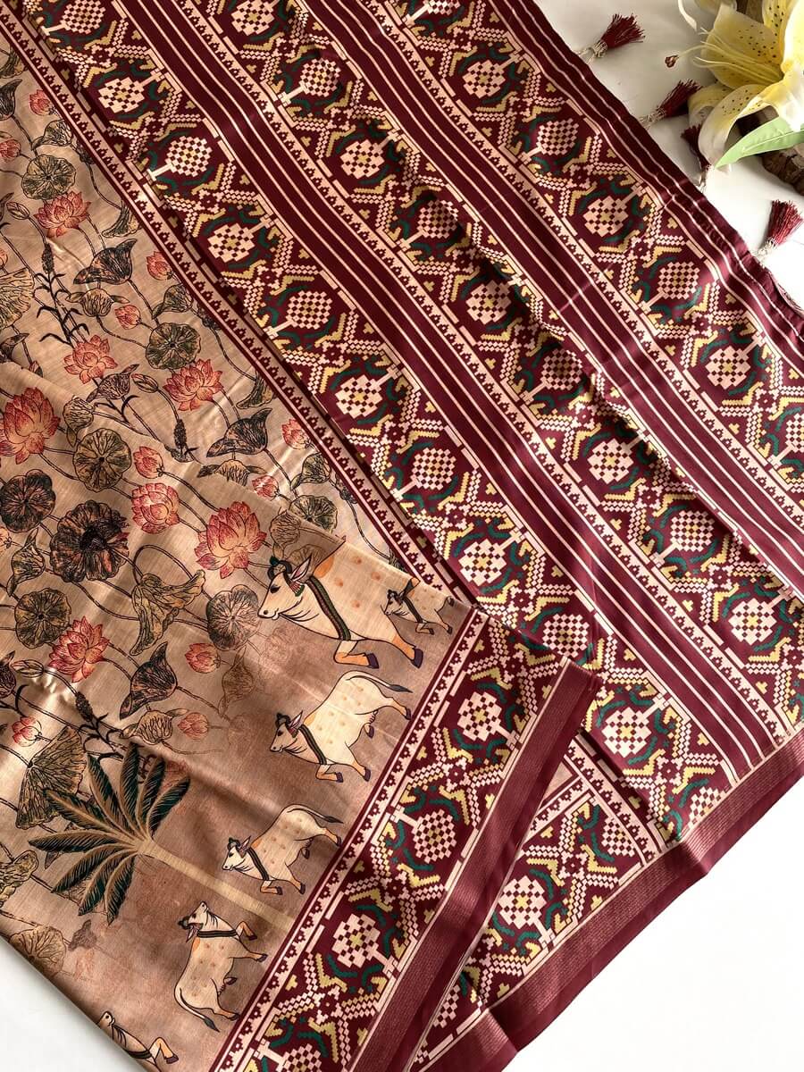 Susurrous Brown Kalamkari Printed Viscose Dola Silk Saree With Pleasurable Blouse Piece