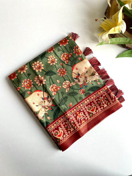 Fantabulous Green Kalamkari Printed Viscose Dola Silk Saree With SnappyBlouse Piece