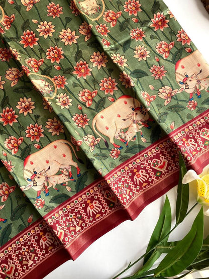 Fantabulous Green Kalamkari Printed Viscose Dola Silk Saree With SnappyBlouse Piece