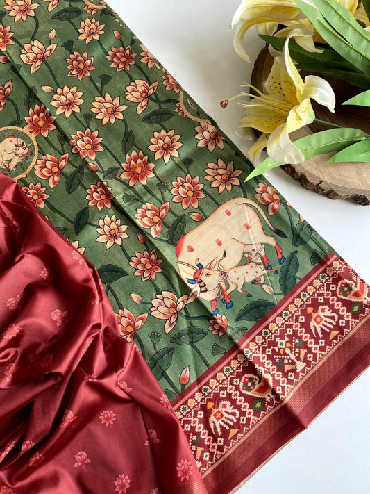 Fantabulous Green Kalamkari Printed Viscose Dola Silk Saree With SnappyBlouse Piece