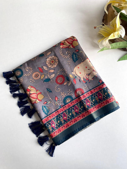 Evanescent Grey Kalamkari Printed Viscose Dola Silk Saree With Magnetic Blouse Piece