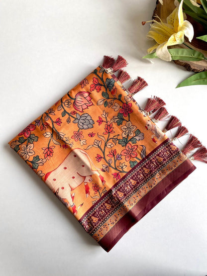 Engaging Orange Kalamkari Printed Viscose Dola Silk Saree With Artistic Blouse Piece