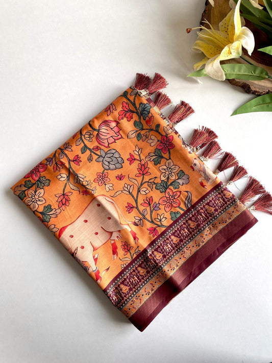 Engaging Orange Kalamkari Printed Viscose Dola Silk Saree With Artistic Blouse Piece