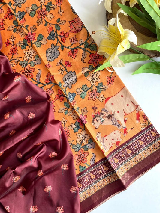 Engaging Orange Kalamkari Printed Viscose Dola Silk Saree With Artistic Blouse Piece